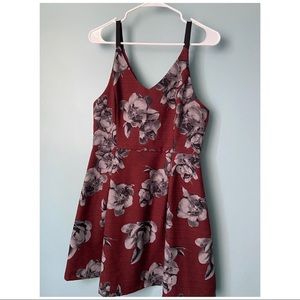 Maroon and Grey Floral Fit and Flare Dress
